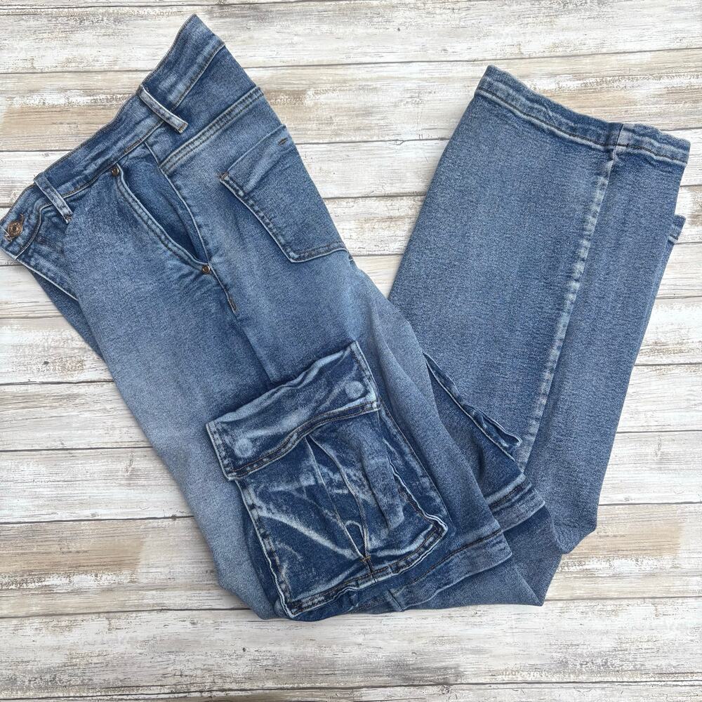 Vibrant MIU Baggy Jeans Sz S Blue Denim Cargo Wide Leg Skater Grunge Emo Y2K - Picture 9 of 10